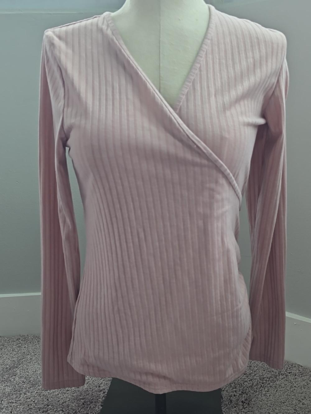 Nine West Ribbed Wrap-Front Long Sleeve Top Light Pink Medium